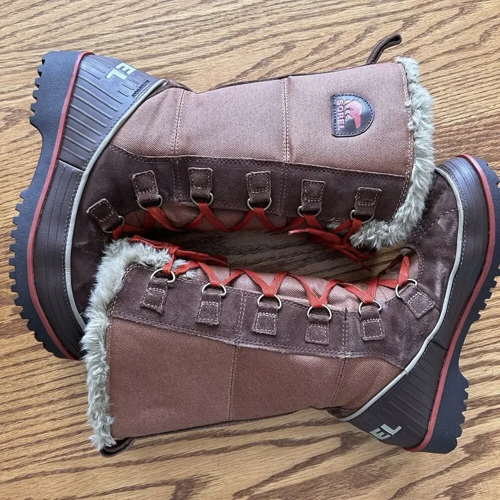 Sorel Women’s 8 Winter Snow Boots Brown Red Lace Faux Fur Tall Waterproof